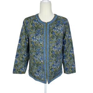 Talbots Quilted Floral Jacket Blue Green Size Medium Preppy Classic Chic